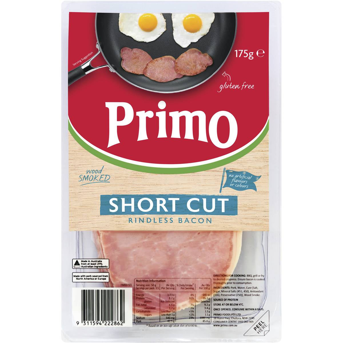 Primo Bacon Short Cut Rindless 175g