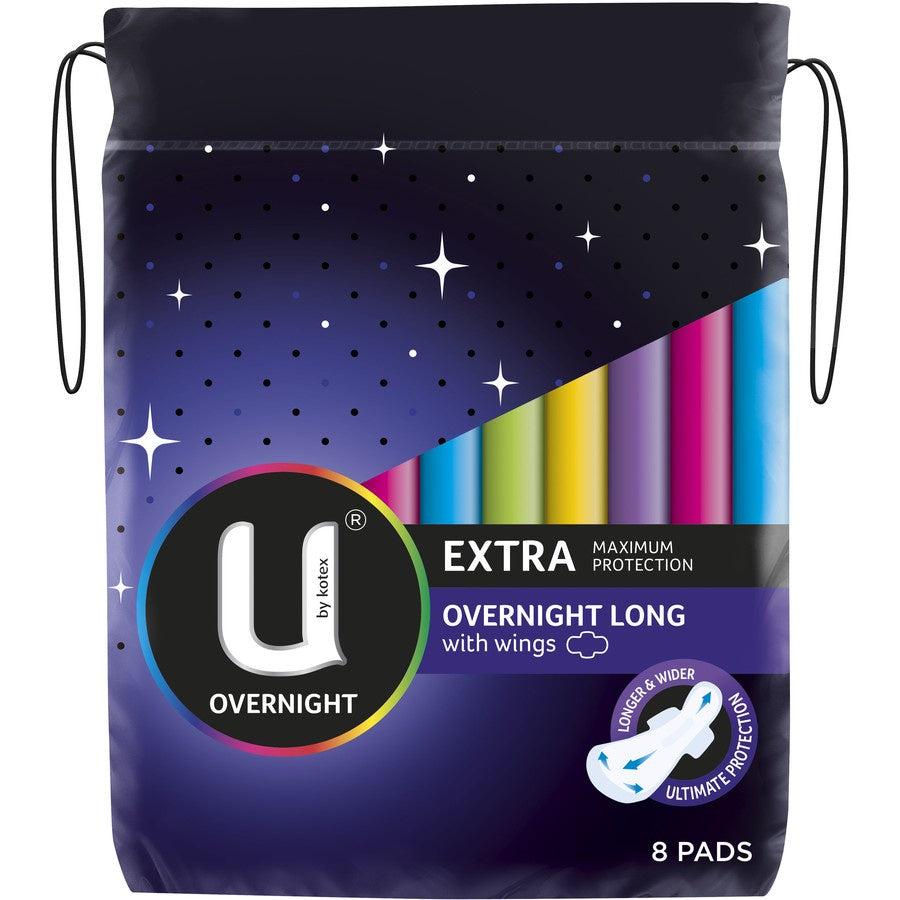 U by Kotex Extra Overnight Pads Long with Wings 8 pk