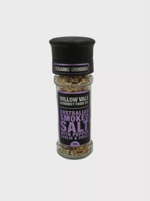 Willow Vale Gourmet Food Co Grinder Australian Smoked Salt with Pepper, Garlic & Chilli 80g