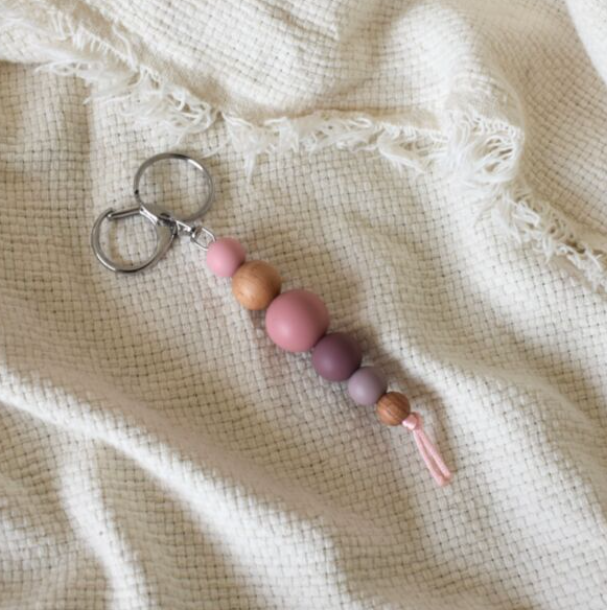 Silicone & Beech Wood Keyring - Rose Blush/Rose/Plum/Mauve