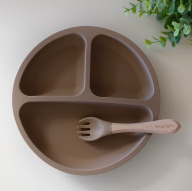 Silicone Suction Divided Plate & Fork - Taupe